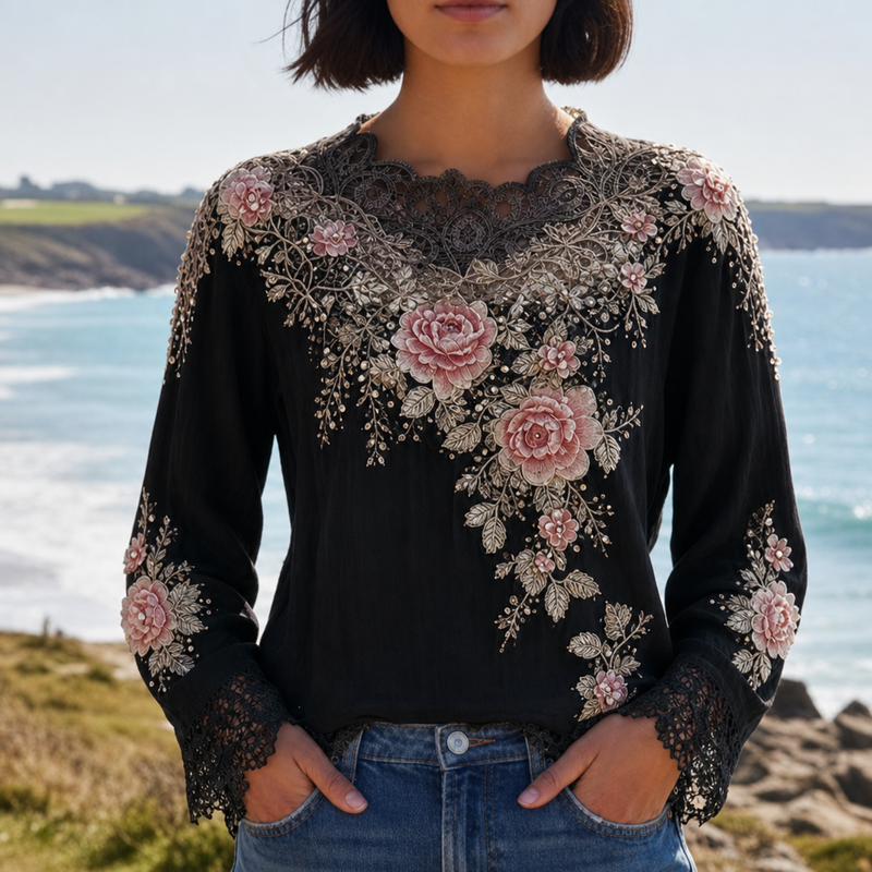 Bandol Floral Embroidered Lace Blouse in Black