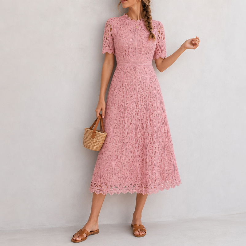 Beaulieu Lace Midi Dress in Pink