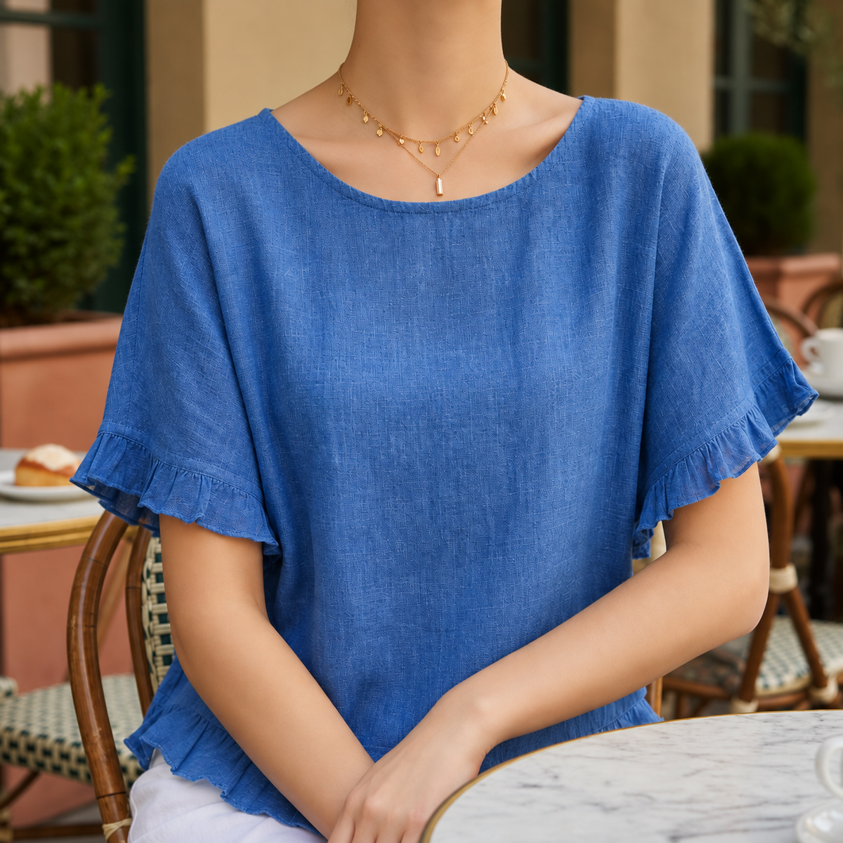 Monemvasia Ruffle Hem Linen Blouse