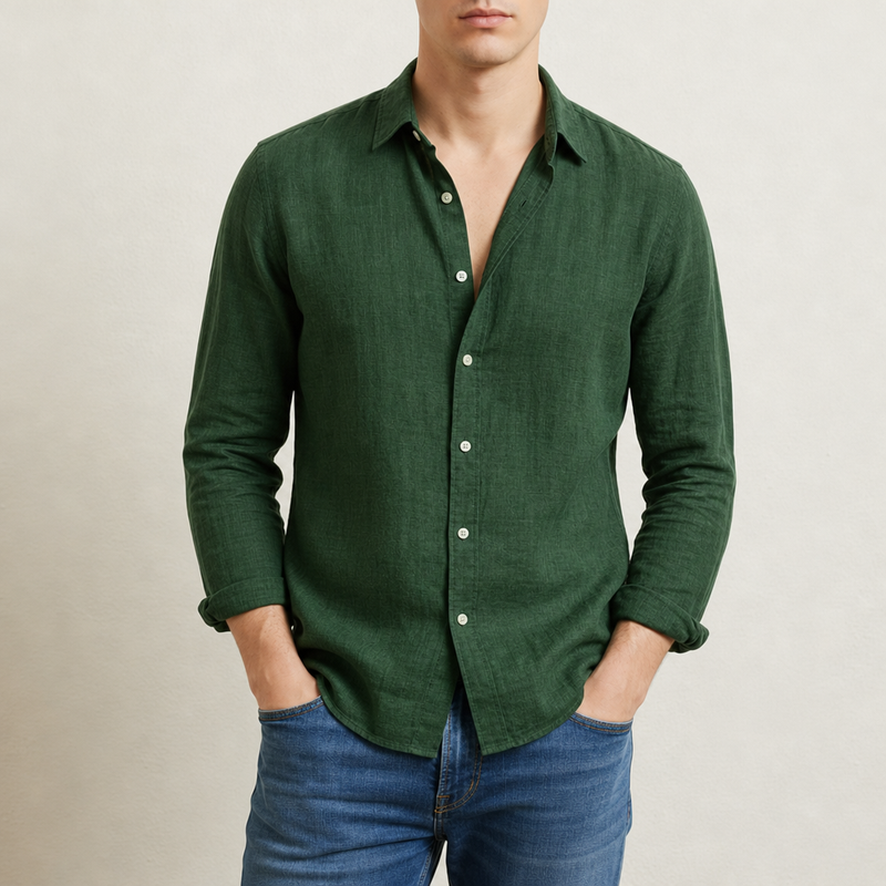 Beziers Linen Button-Up Shirt in Dark Green