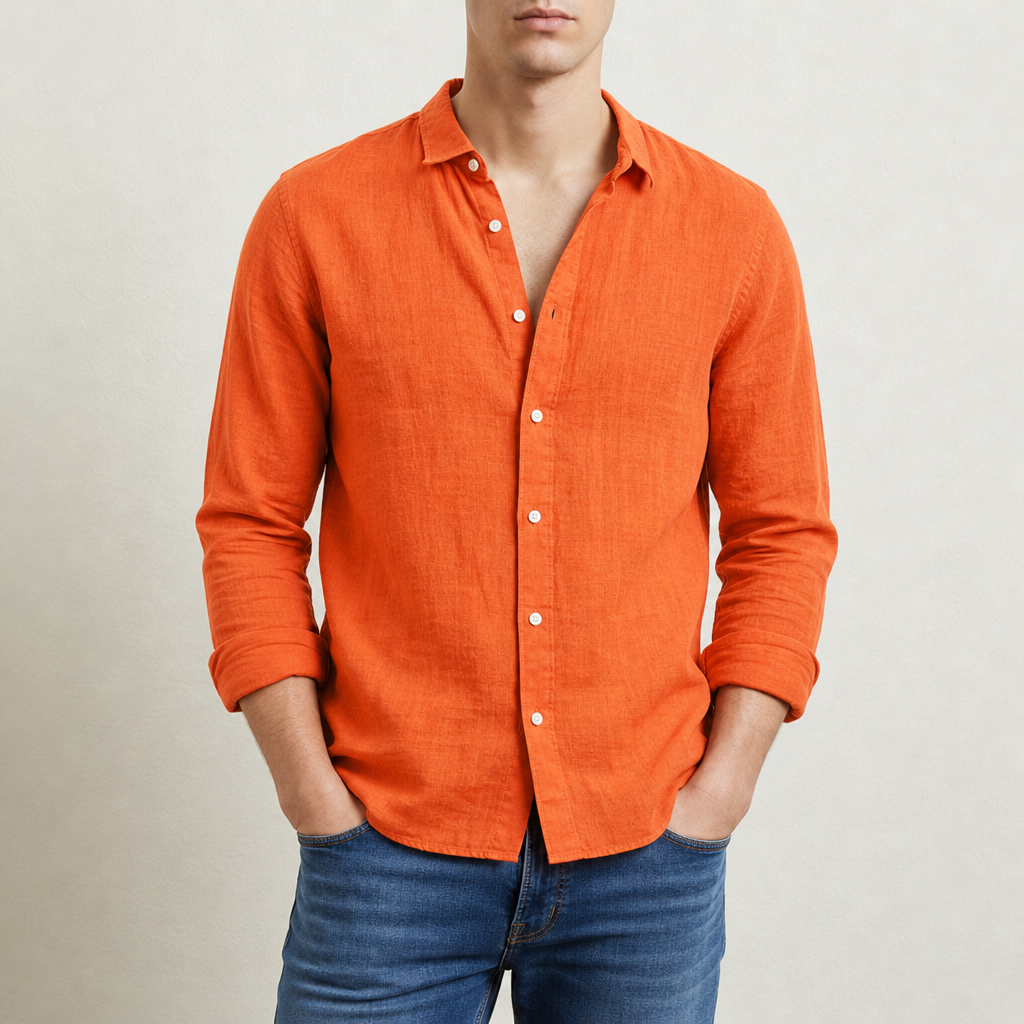 Beziers Linen Button-Up Shirt in Orange-Red