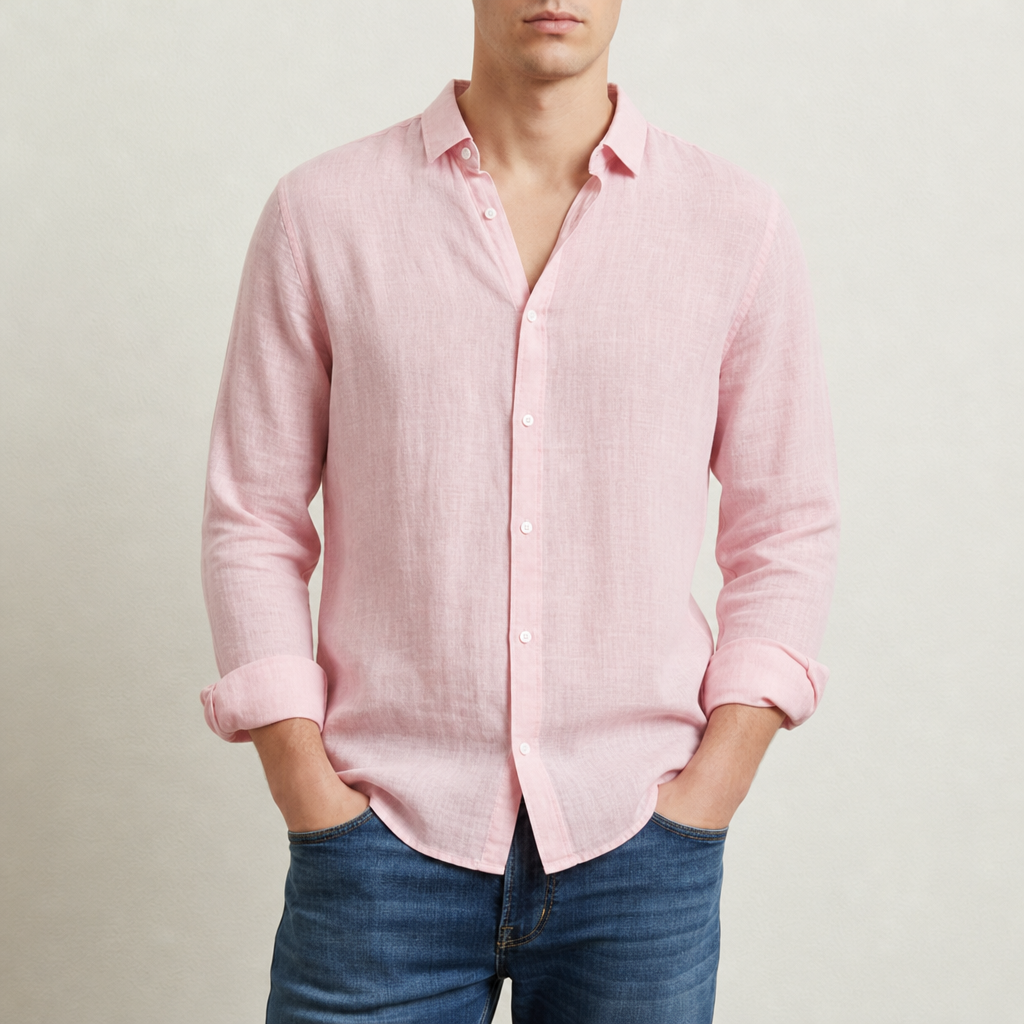 Beziers Linen Button-Up Shirt in Pink