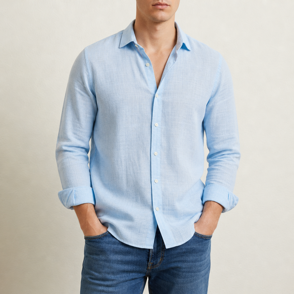Beziers Linen Button-Up Shirt in Light Blue