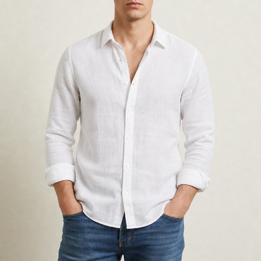 Beziers Linen Button-Up Shirt in White