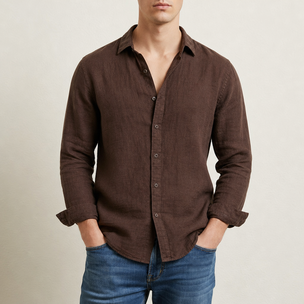 Beziers Linen Button-Up Shirt in Dark Brown