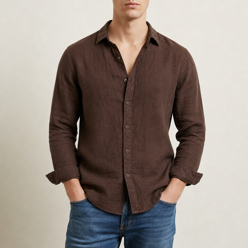 Beziers Linen Button-Up Shirt in Dark Brown