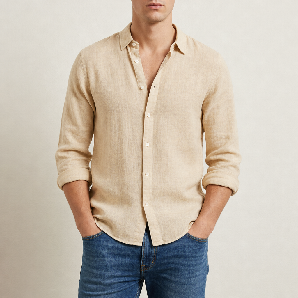 Beziers Linen Button-Up Shirt in Yellowish-brown