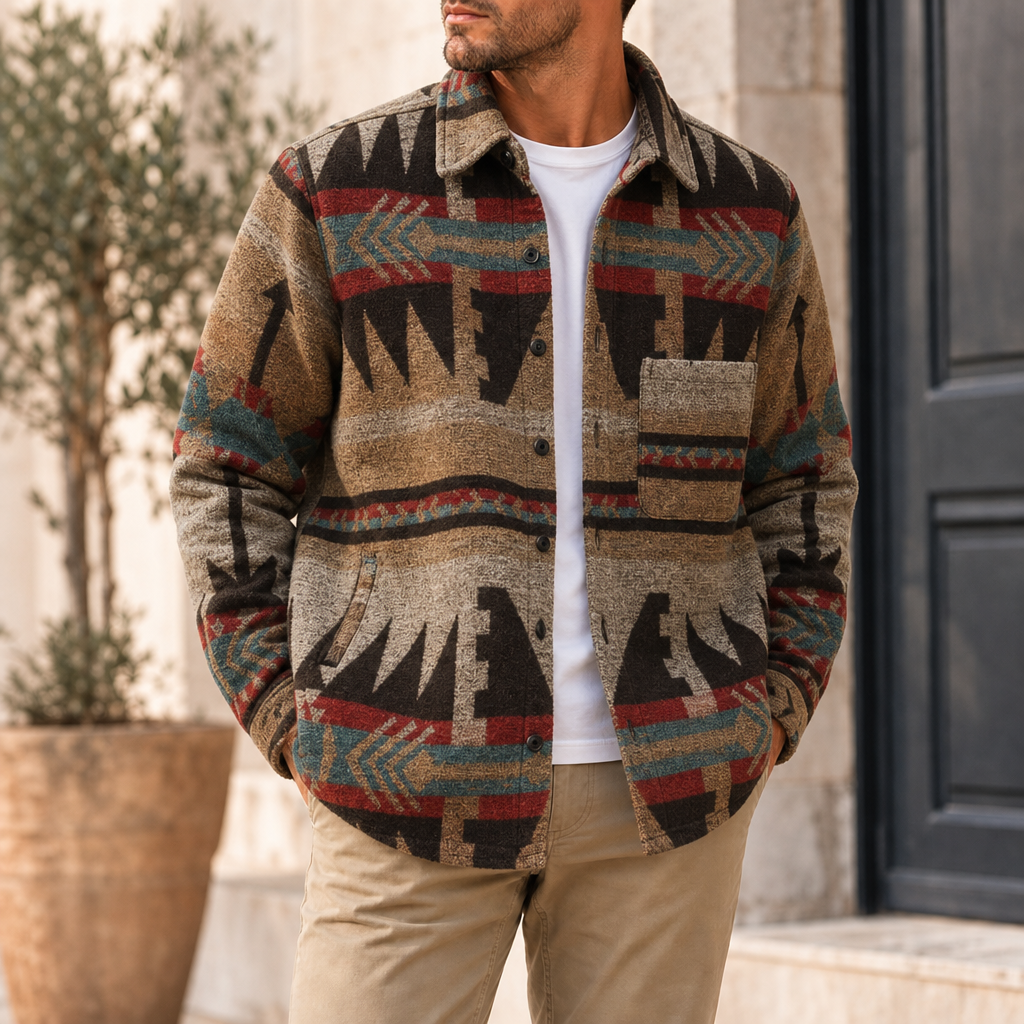 Biot Aztec Wool Shirt Jacket in Dark Brown