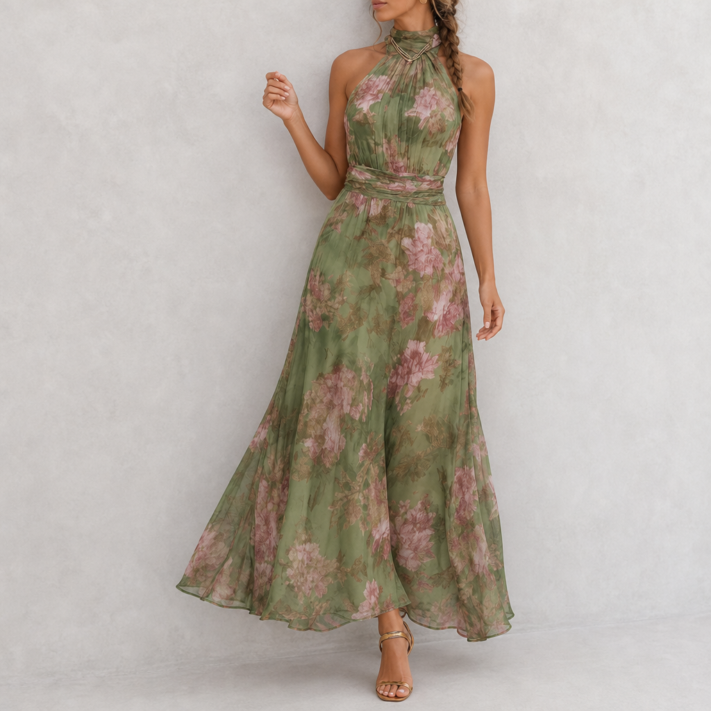Birgu Floral Halter Maxi Dress in Green
