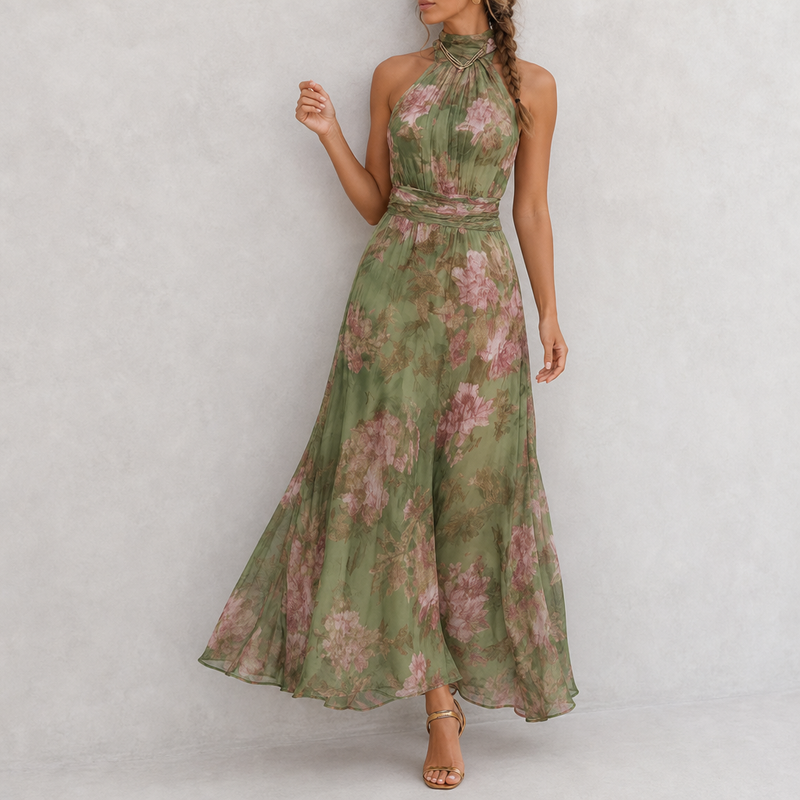 Birgu Floral Halter Maxi Dress in Green