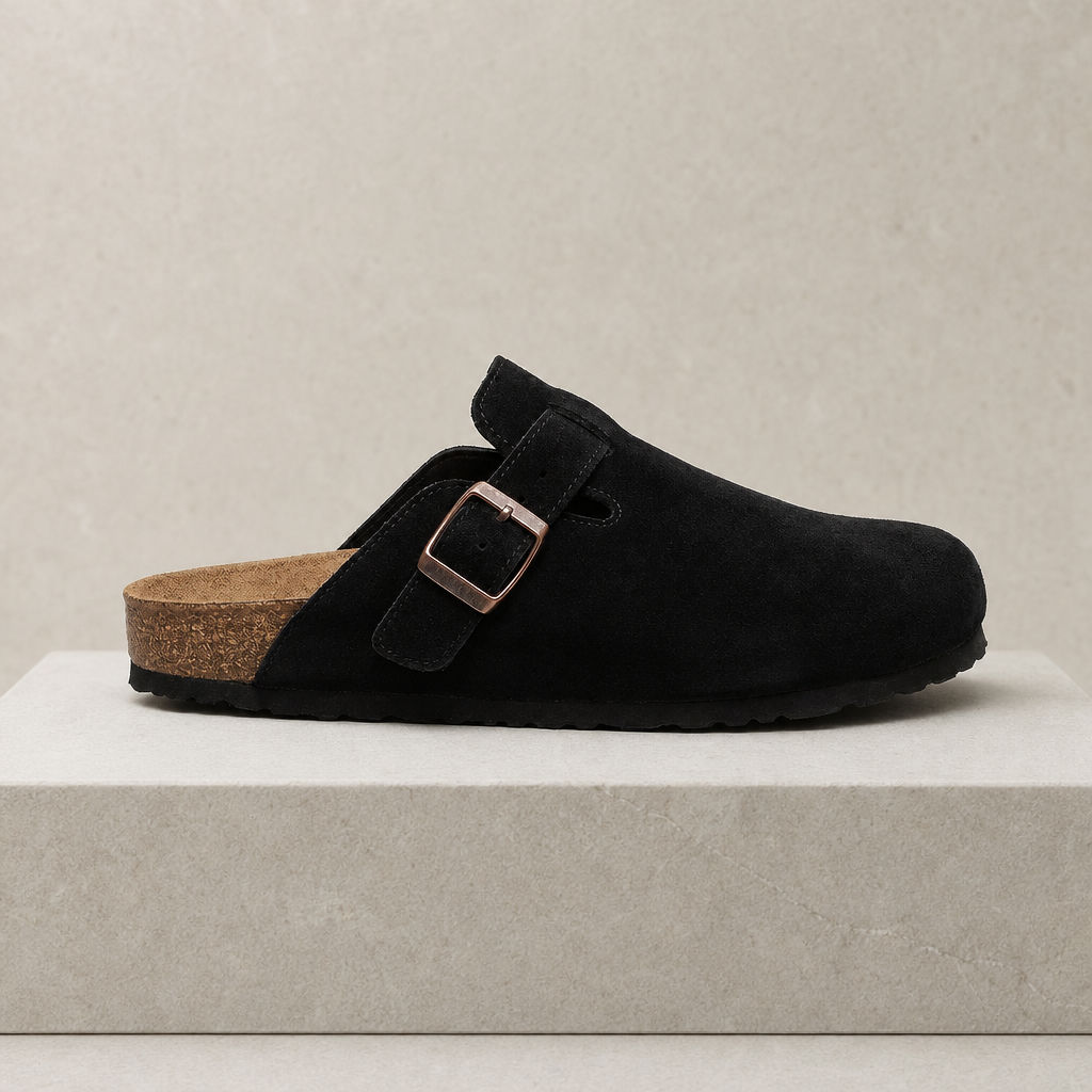 Bolzano Suede Buckle Clogs in Black