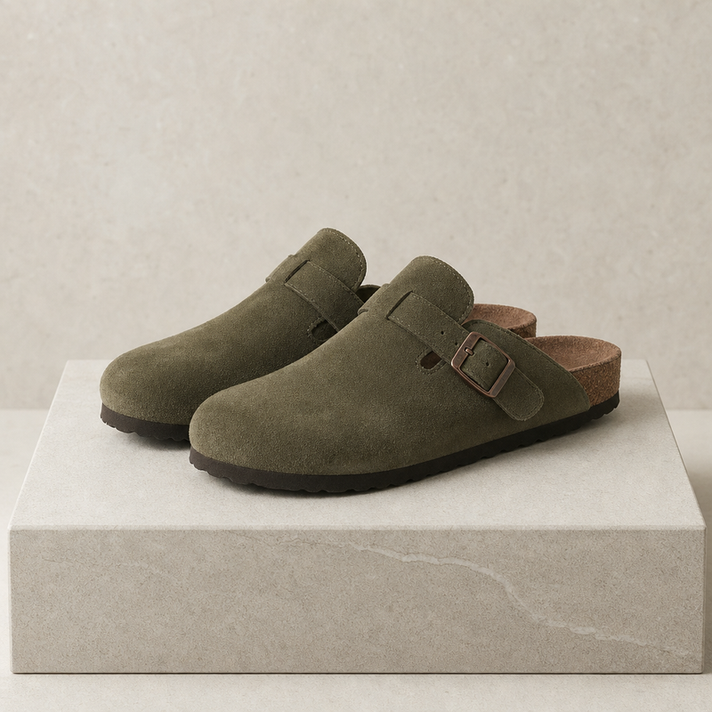 Bolzano Suede Buckle Clogs in Green