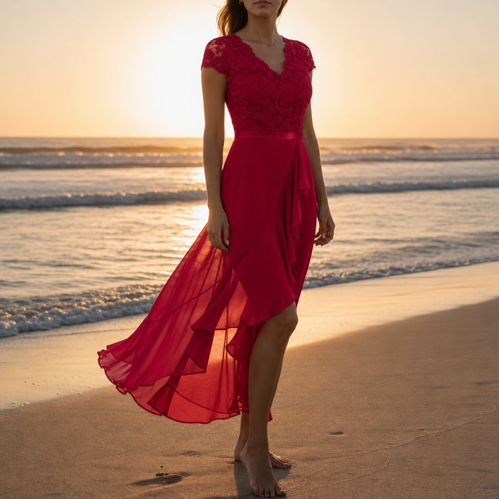 Caceres Lace V-Neck Midi Dress in Red