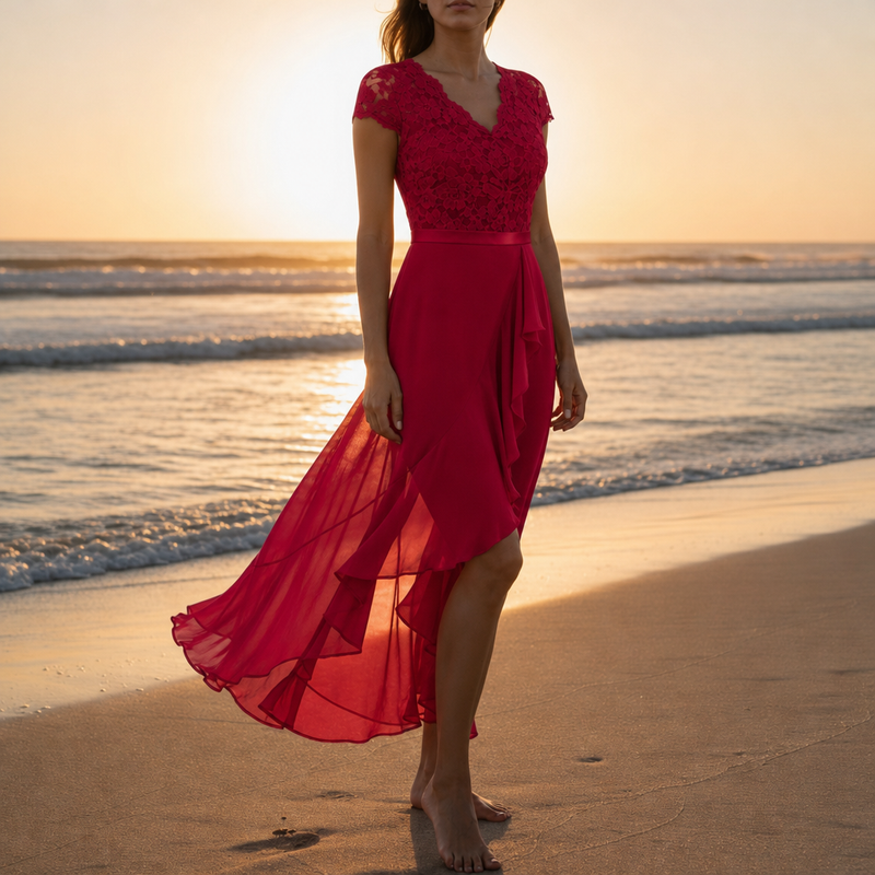 Caceres Lace V-Neck Midi Dress in Red