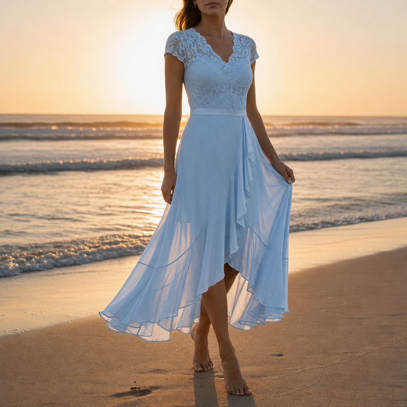 Caceres Lace V-Neck Midi Dress in Light Blue