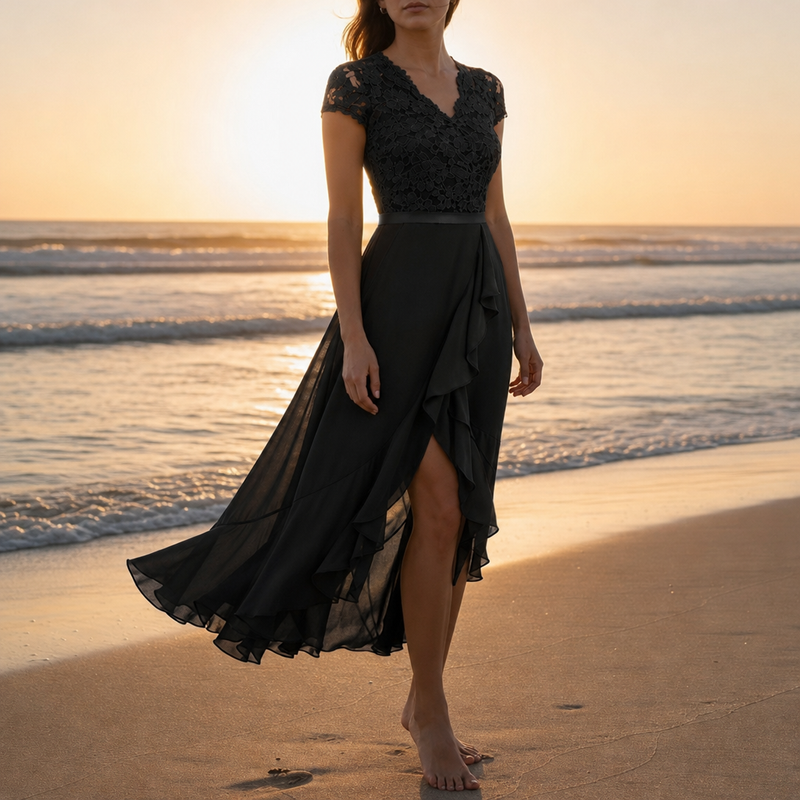 Caceres Lace V-Neck Midi Dress in Black