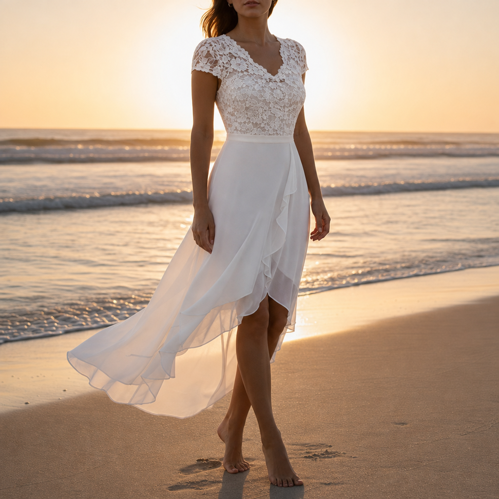 Caceres Lace V-Neck Midi Dress in White
