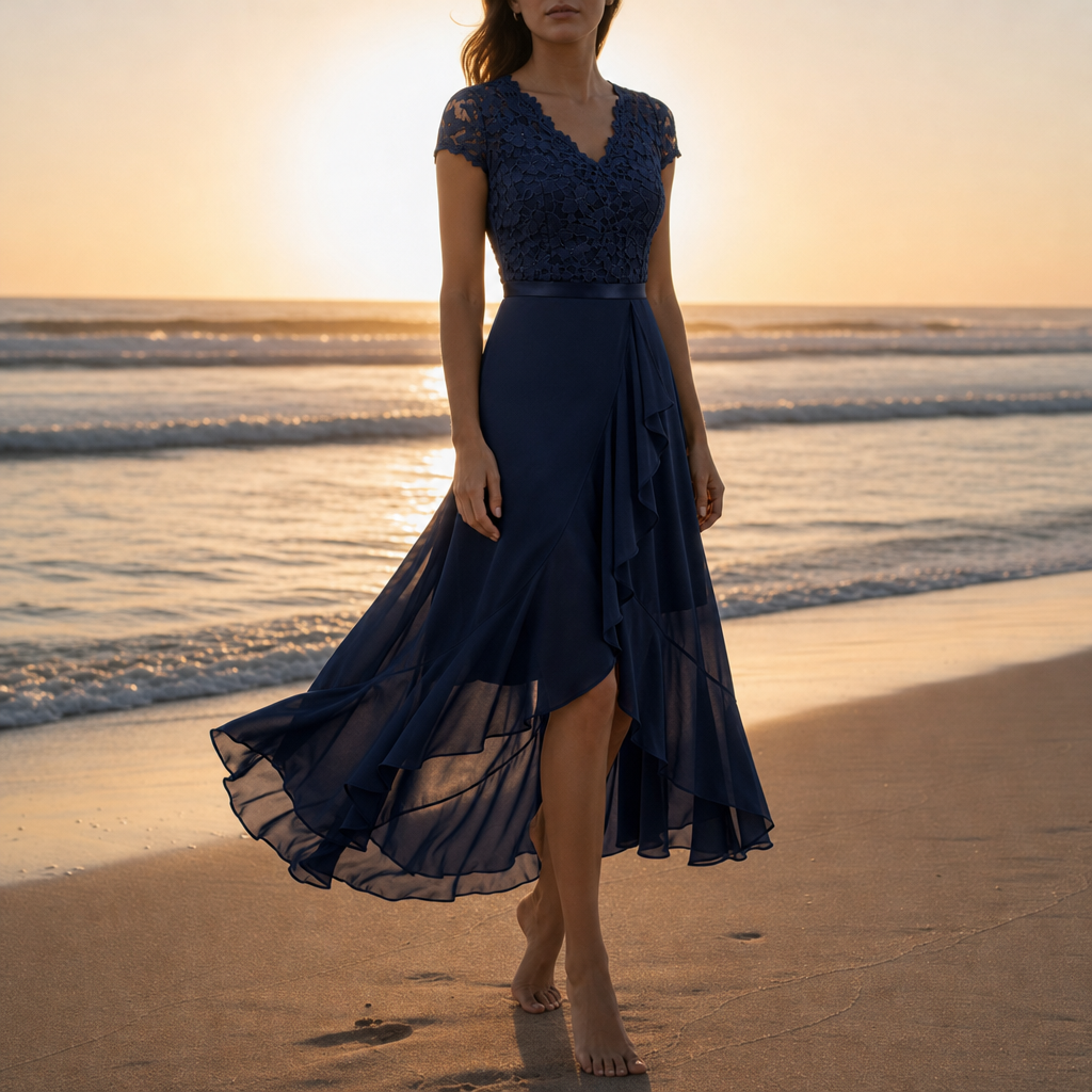 Caceres Lace V-Neck Midi Dress in Navy