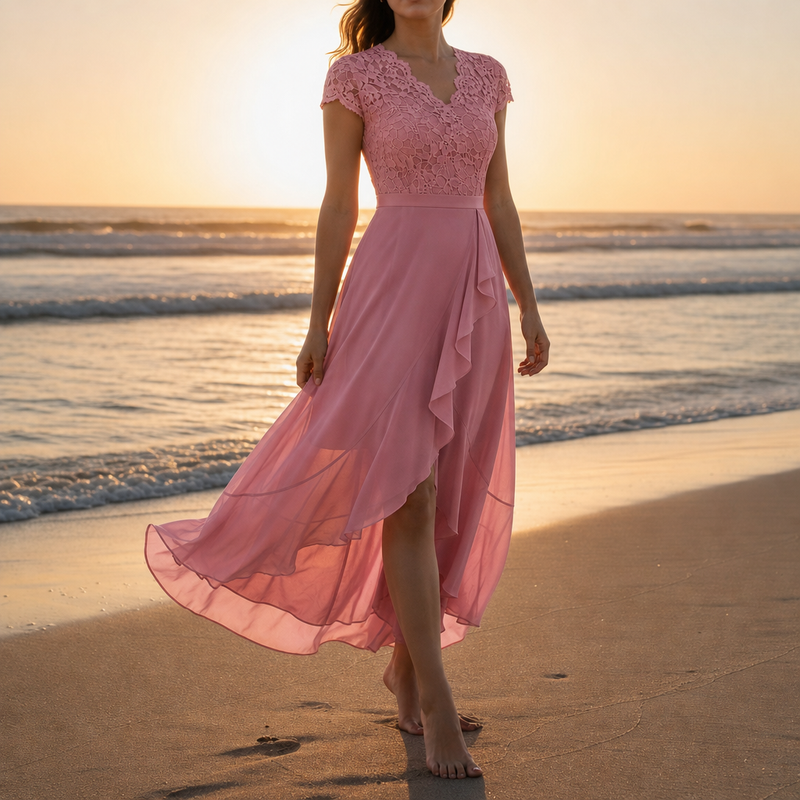 Caceres Lace V-Neck Midi Dress in Pink