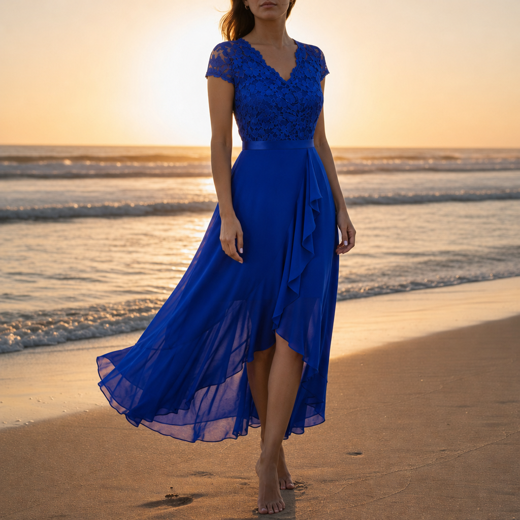 Caceres Lace V-Neck Midi Dress in Royal Blue