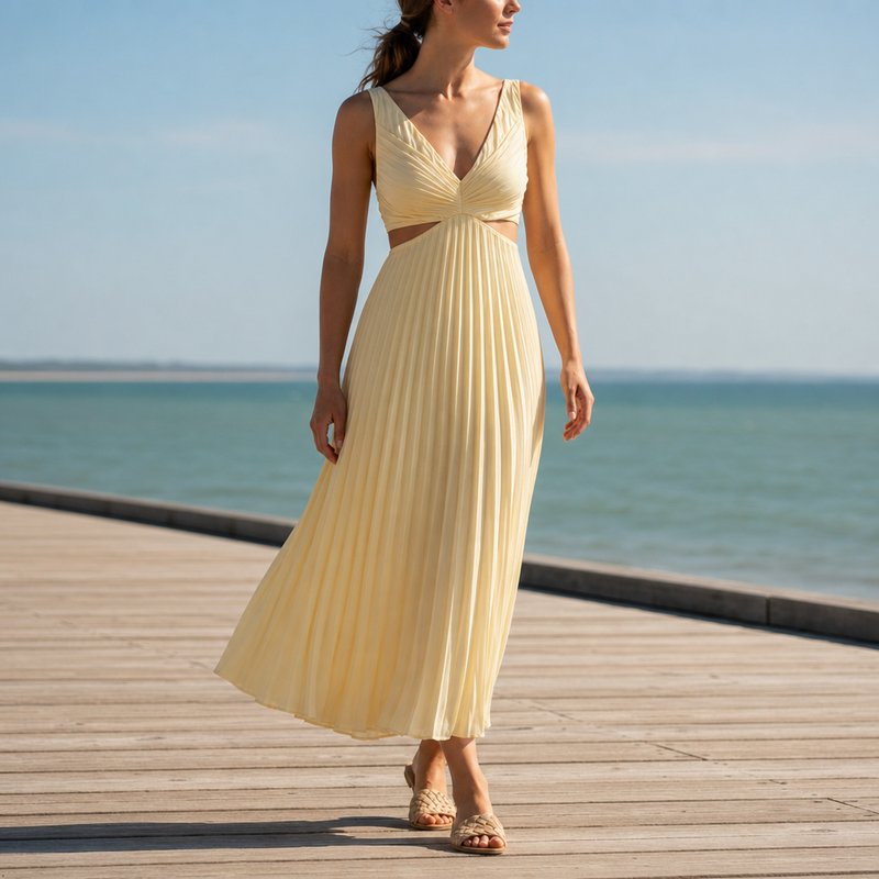 Calvi Pleated Cut-Out Midi Dress in Yellow