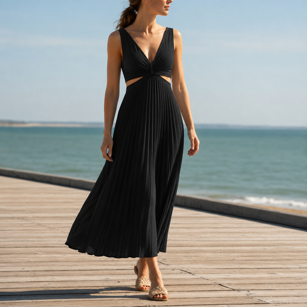 Calvi Pleated Cut-Out Midi Dress in Black