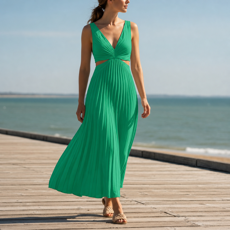 Calvi Pleated Cut-Out Midi Dress in Green