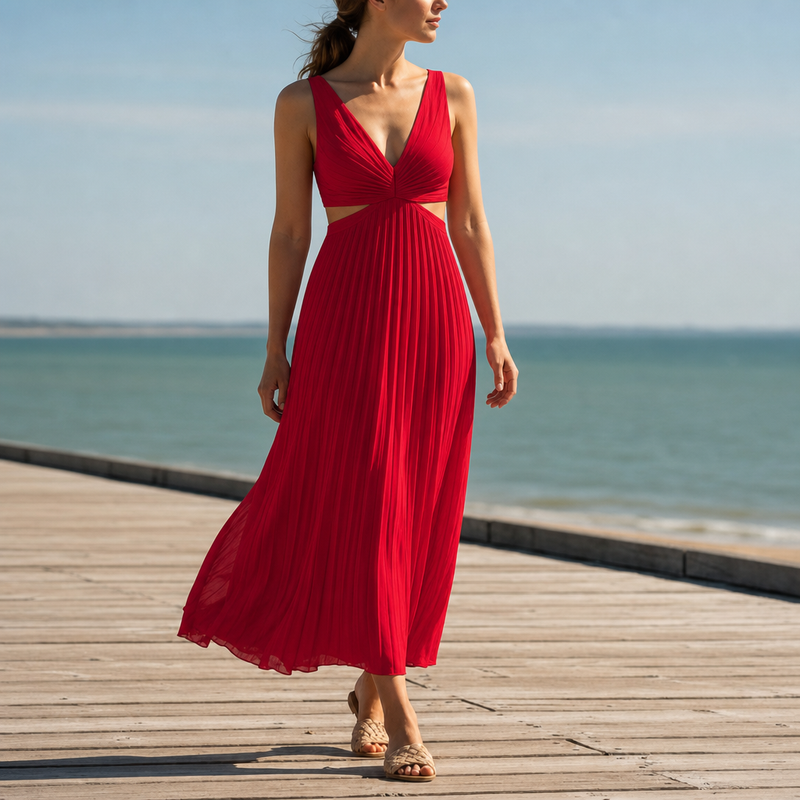 Calvi Pleated Cut-Out Midi Dress in Red