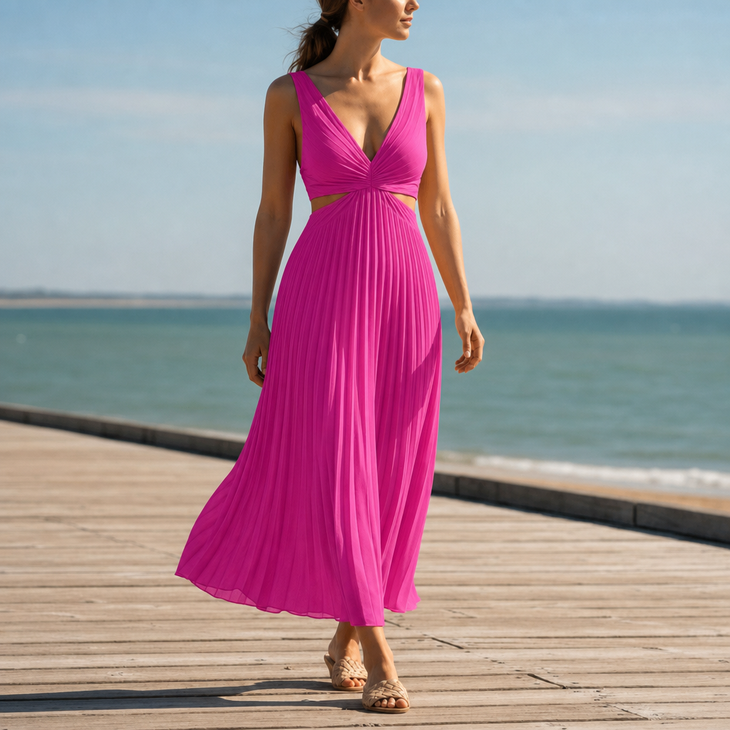 Calvi Pleated Cut-Out Midi Dress in Pink