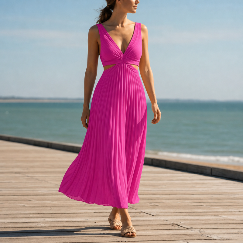 Calvi Pleated Cut-Out Midi Dress in Pink