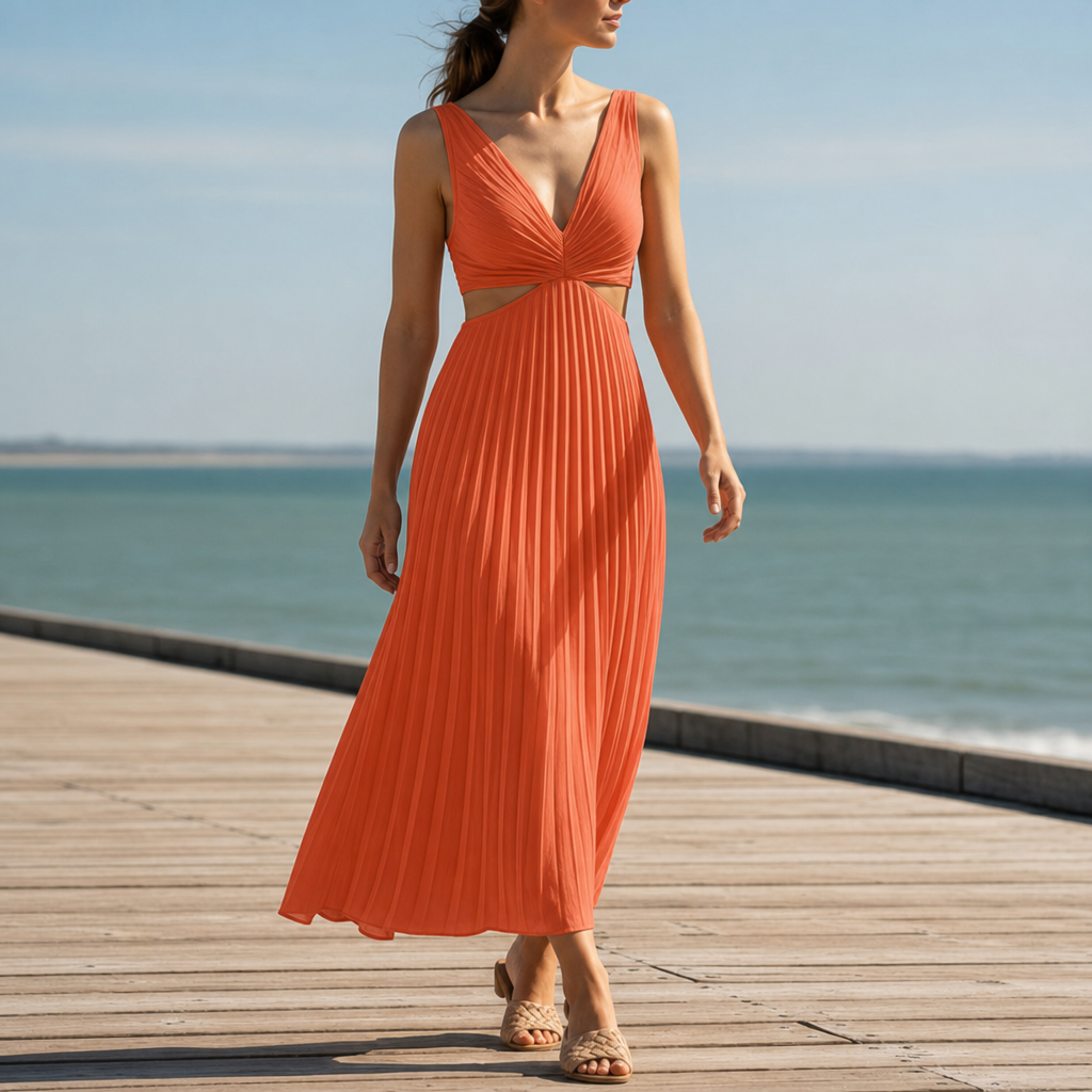 Calvi Pleated Cut-Out Midi Dress in Orange