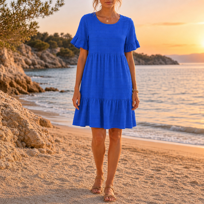 Calvi Textured Tiered Mini Dress in Blue