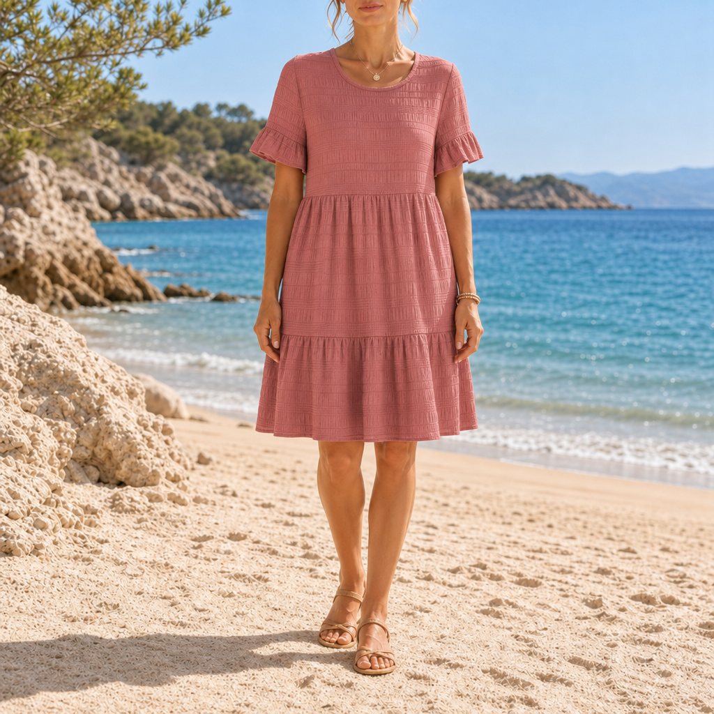 Calvi Textured Tiered Mini Dress in Pink