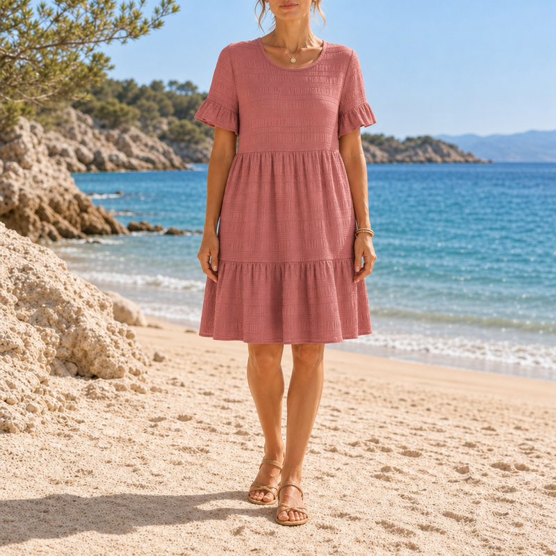 Calvi Textured Tiered Mini Dress in Pink