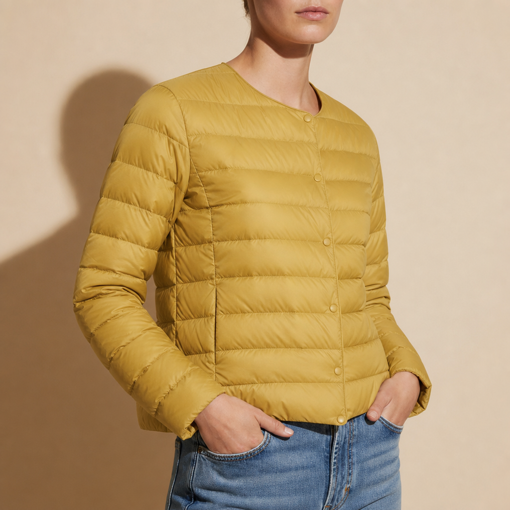 Capri Collarless Down Puffer Jacket in Mustard