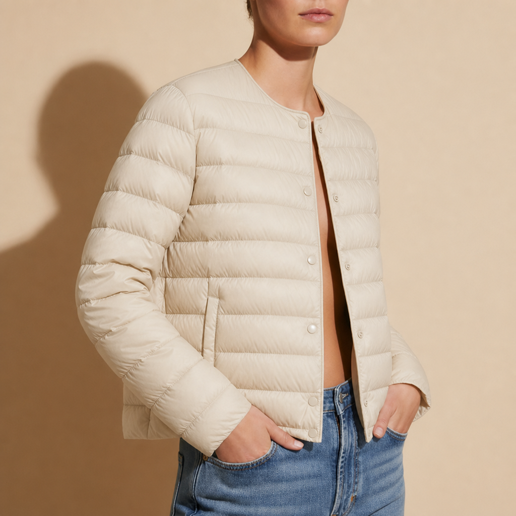 Capri Collarless Down Puffer Jacket in Cream