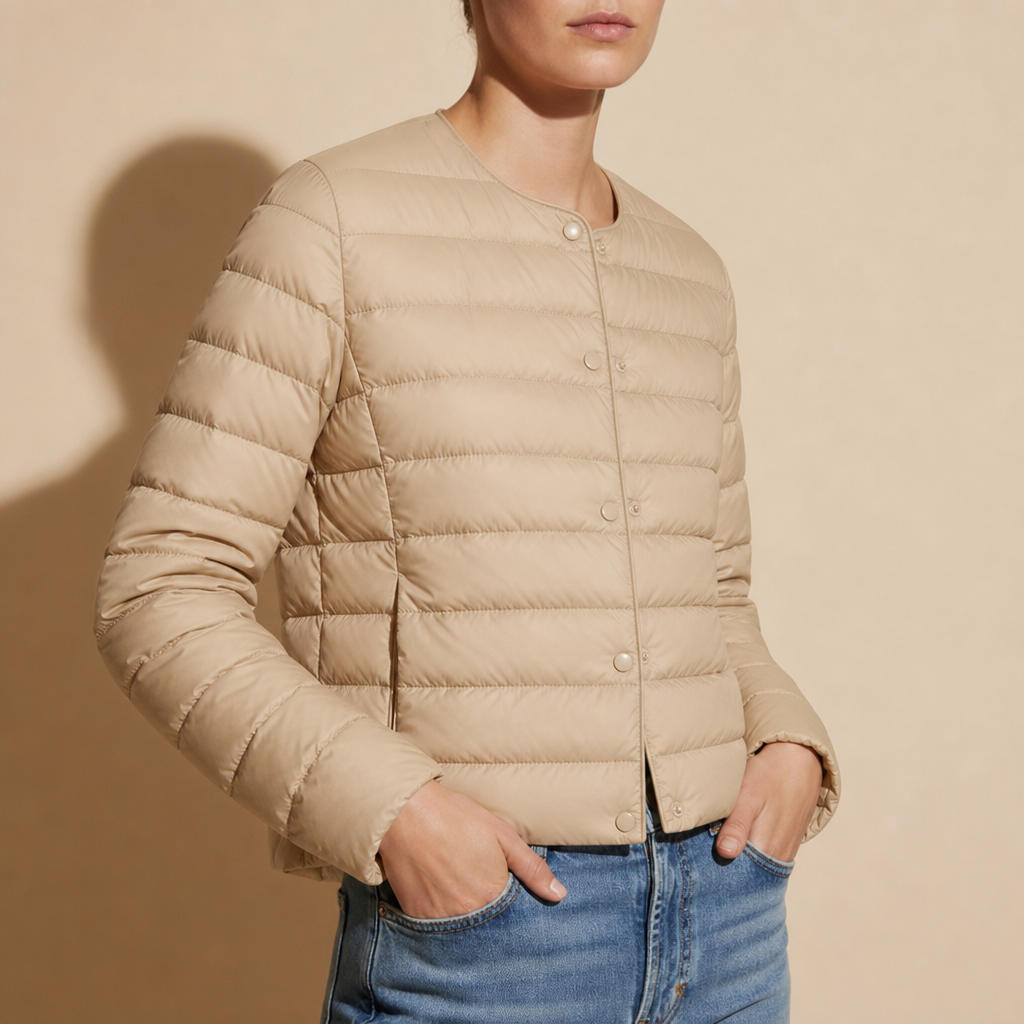 Capri Collarless Down Puffer Jacket in Beige