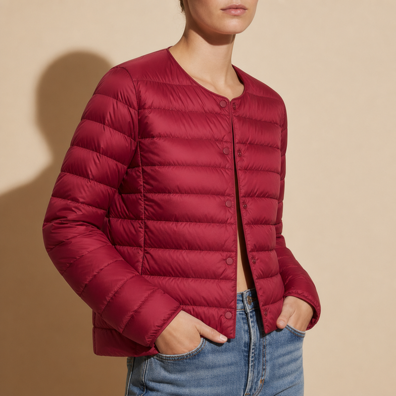 Capri Collarless Down Puffer Jacket in Cherry Red