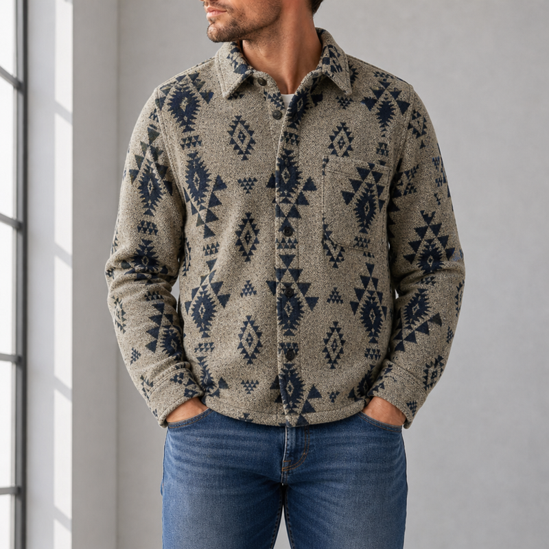 Cascais Southwestern Wool Shirt Jacket in Beige Navy