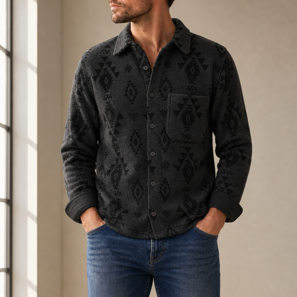 Cascais Southwestern Wool Shirt Jacket in Obsidian Black