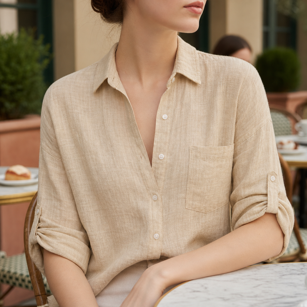 Cassis Relaxed Linen Button-Up Shirt in Light Brown