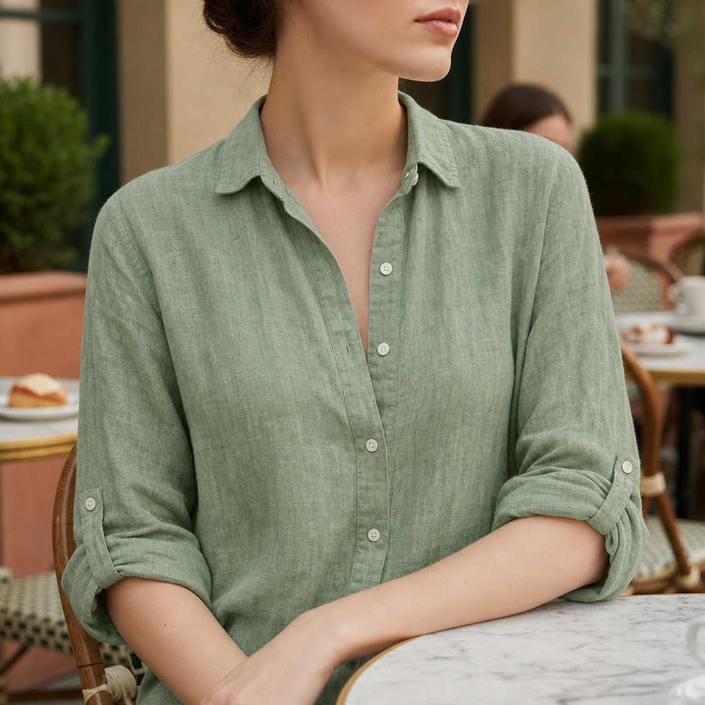 Cassis Relaxed Linen Button-Up Shirt in Green