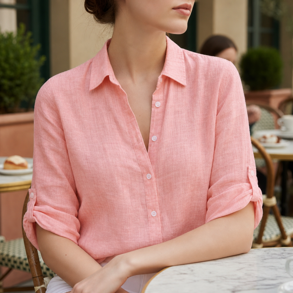 Cassis Relaxed Linen Button-Up Shirt in Pink