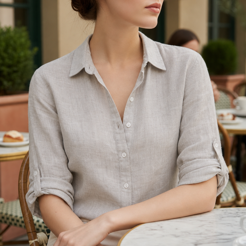 Cassis Relaxed Linen Button-Up Shirt in Gray
