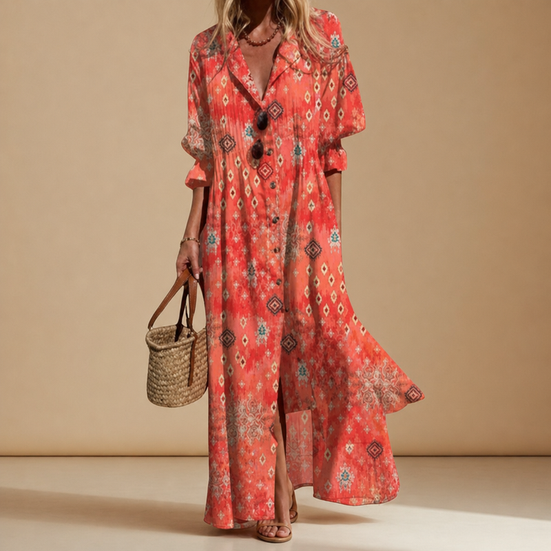 Cavtat Boho Floral Midi Dress in Rouge