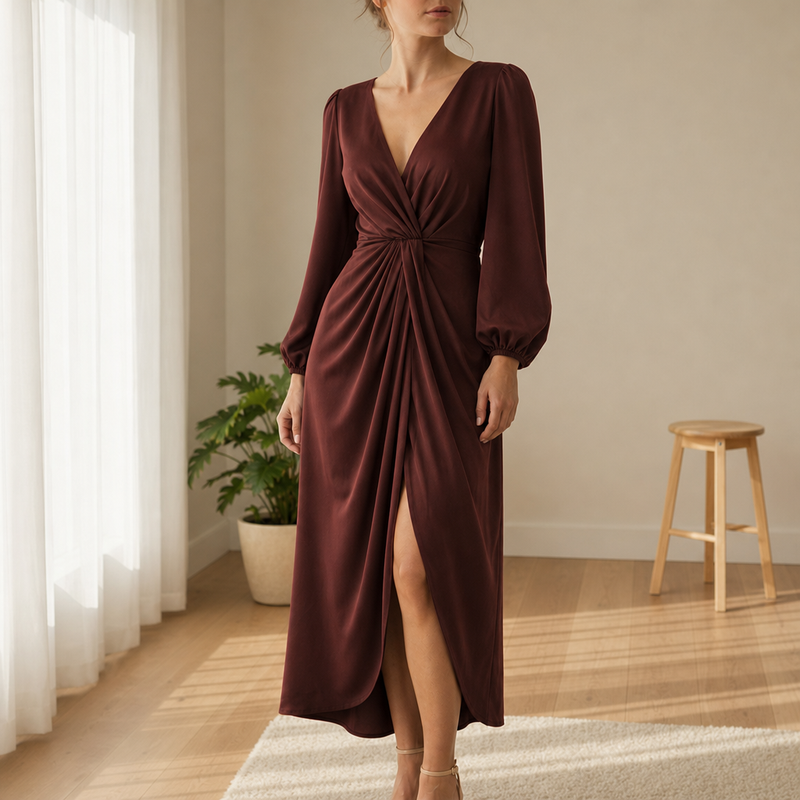 Ceret Twist Front Midi Dress in Brown