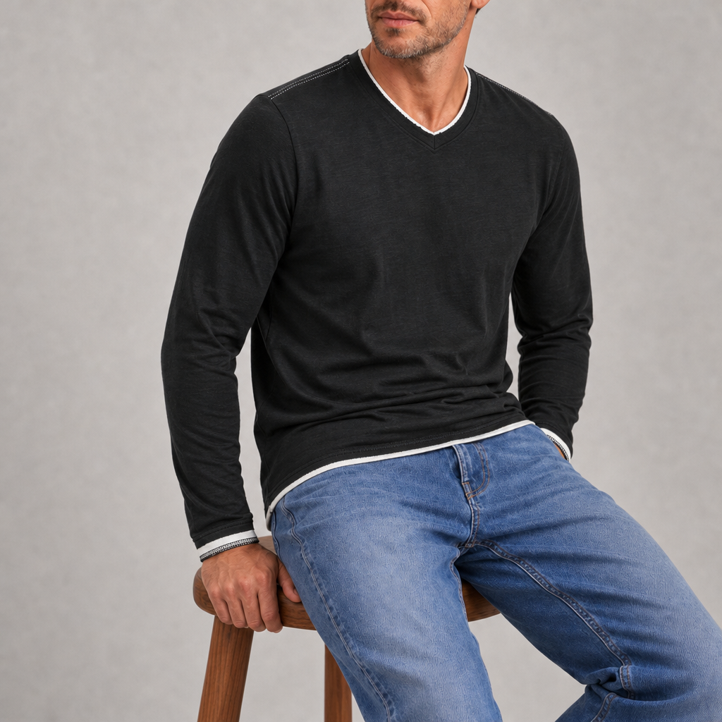 Chania Contrast Trim V-Neck Tee in Black