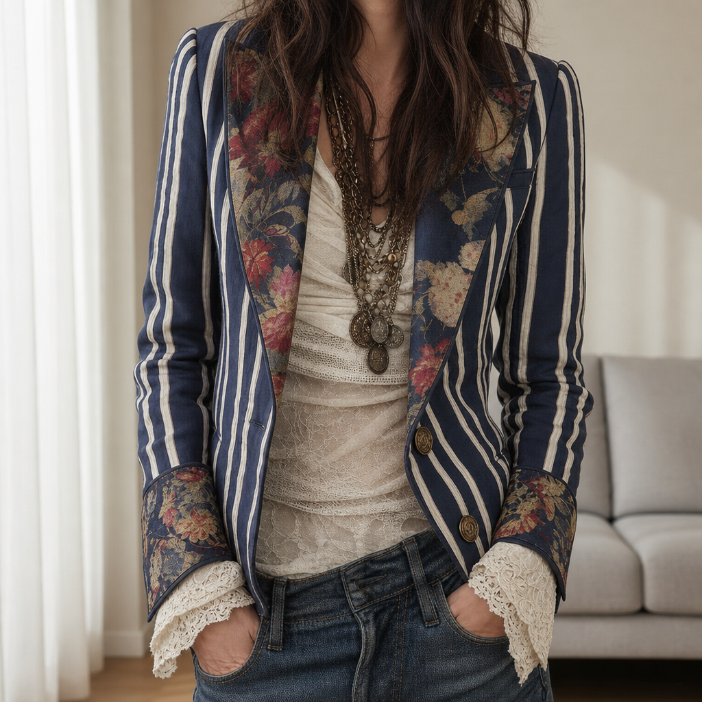 Chianti Mixed Print Blazer in Navy Blue