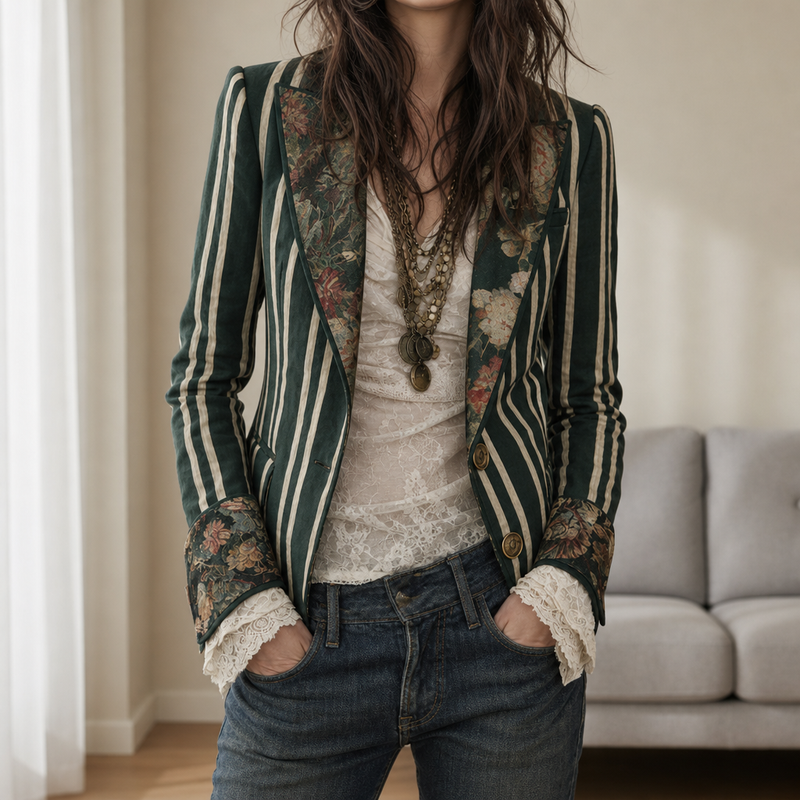 Chianti Mixed Print Blazer in Dark Green