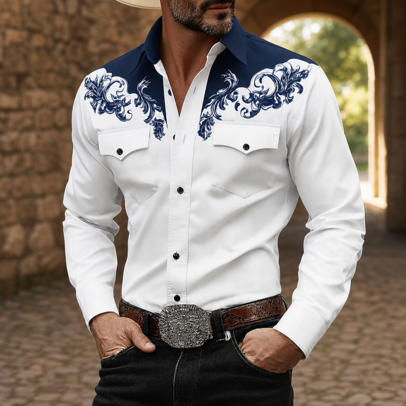 Coimbra Western Embroidered Shirt in Blue